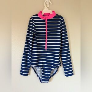 NWOT Gymboree Long Sleeve Swimsuit Rashguard Blue White Stripe Hot Pink 7